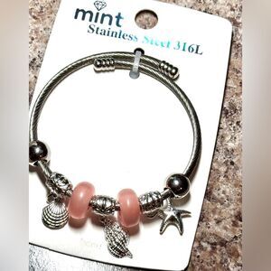 Mint Silver Stainless Steel Bracelet with Pink Beads and Seashell Charms